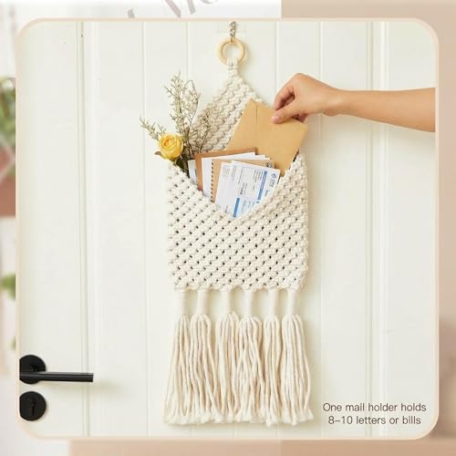 2 Pack Boho Mail Holder for Wall, Handwoven Mail Organizer with Hooks, Cotton Rope Hanging Basket for Letters, Keys and Small Items for Entryway Home Office Hallway Decor, White