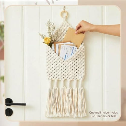 2 Pack Boho Mail Holder for Wall, Handwoven Mail Organizer with Hooks, Cotton Rope Hanging Basket for Letters, Keys and Small Items for Entryway Home Office Hallway Decor, White