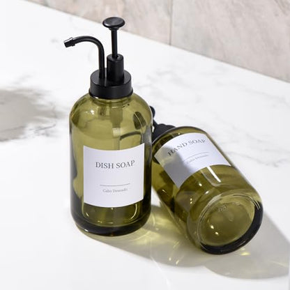 Glass Soap Dispenser with Pump, Dish and Hand Soap Dispenser for Kitchen Bathroom, Glass Dispenser Set with 18 Stickers Funnel Bamboo Tray 500ml 18oz Green - color: Olive Green 3