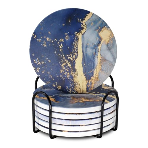 Navy Blue Marble Ceramic Coasters with Holder Absorbent Drink Coaster Set Outdoor Round Abstract Cute Table Decorative Coffee Cup Beverage Fun Wine Beer Bar Gold Housewarming 6 Pack - style: Navy Blue Gold