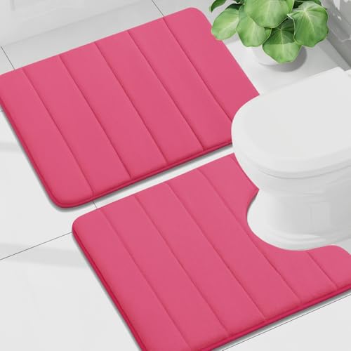 Buganda Memory Foam U-Shaped Toilet Rug Bath Mat Sets 2 Piece, 24x16+24x20 | Deep Pink, Bathroom Mat and Contoured Toilet Rug, Machine Wash Dry, Soft Absorbent Bath Rug for Bathroom, Shower and Tub - color: Deep Pink, size: 24" X 16"+24" X 20"