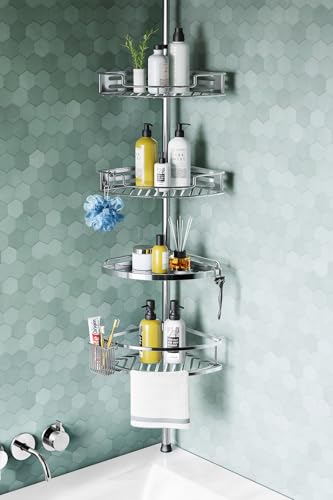 HAMITOR Shower Caddy Tension Pole, 4 Tier Corner Shower Shelves - Silver | No-Drill Setup, Adjustable Height Tension Pole, Rustproof Shelves,Perfect Storage for Bathrooms, Dorms & Apartments- 47-121in - color: A-silver