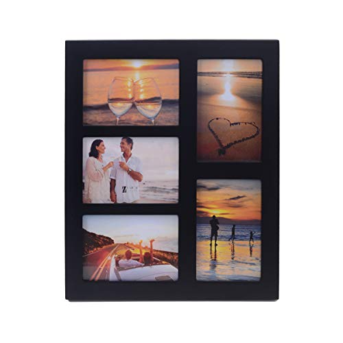 4x6 5-Opening Collage Picture Frame Black Wood | 5 openings, shatter-resistant glass, tabletop/wall mount, for 4x6 photos - size: 4x6 - 5 Opening