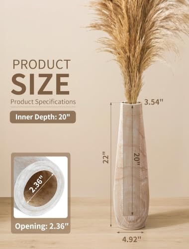 Hanobe Tall Wood Floor Vase for Pampas Grass, 22 in, Boho Beige | Paulownia wood grain with whitewashed finish, for rustic, farmhouse living room decor, break-resistant, pet-friendly.