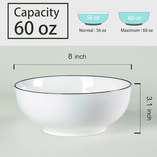 60 oz Large Soup, Ramen, Pho, Noodle, and Salad Bowl Set of 3, Rimmed 8 in White Ceramic Bowls, Versatile & Microwave Safe - size: 8-inch, 60 ounce