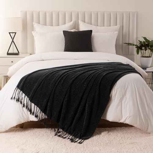 BATTILO HOME Black Chenille Throw Blanket, 50 x 60 Inches | Soft Chenille Knit with Handmade Fringe Tassels, Lightweight, Cozy and Less Prone to Tangling for Couch, Bed or Chair - color: Black