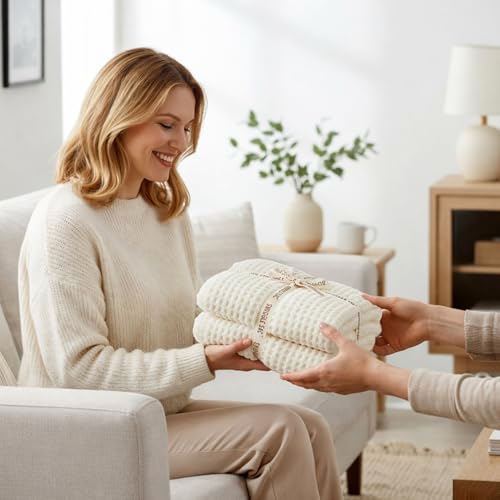 Snuggle Sac Cream Bedding Blankets Queen Size 90x90 inches, Reversible Microfiber Fluffy Fuzzy Soft Throw Cozy Knit Blanket for Women Mothers Birthday Gifts - color: Waffle Cream, size: Queen(90"x90")
