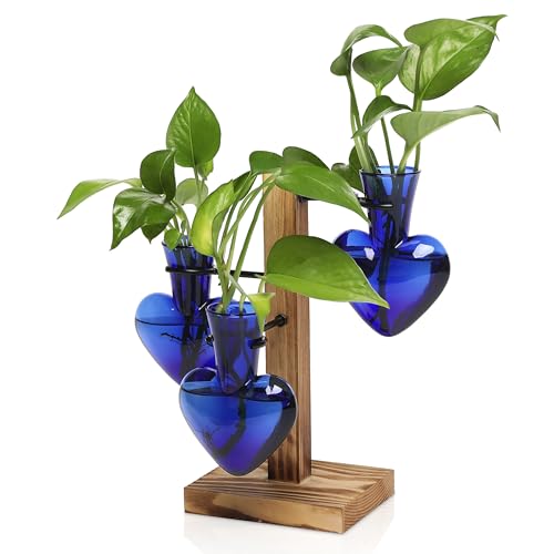 Plant Terrarium Propagation Stations with Wooden Stand | Glass Vase for Indoor Hydroponics Home Garden Office Decoration Gift for Women - 4 Love Bulb Vase - color: Deep Blue