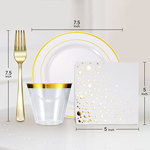 Gold Dessert Plates Set, 100 Wedding Plates Forks Cups and Napkins, 7.5 In | Sturdy plastic, cake service, appetizer tables, salad course, weddings, birthdays, easy cleanup - color: Gold, style: Plates,Forks,Napkins and Cups