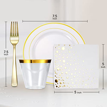 Gold Dessert Plates Set, 100 Wedding Plates Forks Cups and Napkins, 7.5 In | Sturdy plastic, cake service, appetizer tables, salad course, weddings, birthdays, easy cleanup - color: Gold, style: Plates,Forks,Napkins and Cups