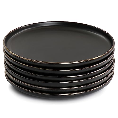 with Gold Stoneware Salad Plate 6 Piece Set Black Solid Modern Contemporary Round Dishwasher Safe