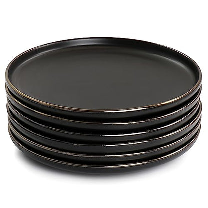 with Gold Stoneware Salad Plate 6 Piece Set Black Solid Modern Contemporary Round Dishwasher Safe