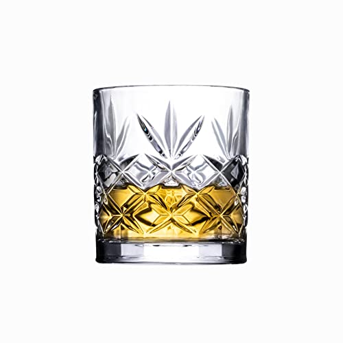 Royalty Art Kinsley Whiskey Glasses, Set of 4, 10.6 oz Crystal Tumblers | Bourbon, scotch, whiskey, cocktails, distinctive Kinsley design, gift for enthusiasts - style: Lowball