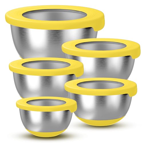KITEISCAT Stainless Steel Mixing Bowls with Lids – Set of 5 Large Nesting Metal Bowls for Kitchen, Baking, Cooking, Food Prep & Storage, Non-Slip Base, Dishwasher Safe,Yellow - color: Yellow