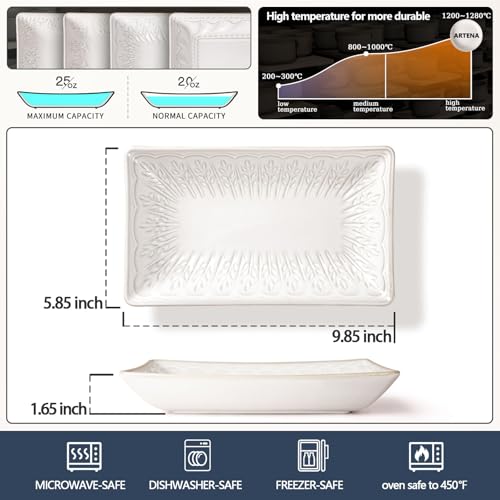Salad Plates Set of 4, 9.85" Embossed Ceramic Rectangular Appetizer Plates, Deep Lipped Edges, Microwave & Dishwasher Safe, Dessert Sushi Pasta Serving Plates (White, Wheat Leaf) - color: White (Wheat Leaf), size: 9.85 inch