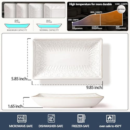 Salad Plates Set of 4, 9.85" Embossed Ceramic Rectangular Appetizer Plates, Deep Lipped Edges, Microwave & Dishwasher Safe, Dessert Sushi Pasta Serving Plates (White, Wheat Leaf) - color: White (Wheat Leaf), size: 9.85 inch