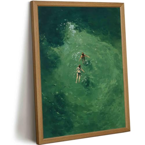 Green Swimming Wall Art Abstract Vintage Canvas Wall Art Retro Summer Poster Minimalist Pictures Green Swimming Prints for Living Room Bathroom 16x24 Inch Framed - color: Swimming Art, size: 24"L x 16"W