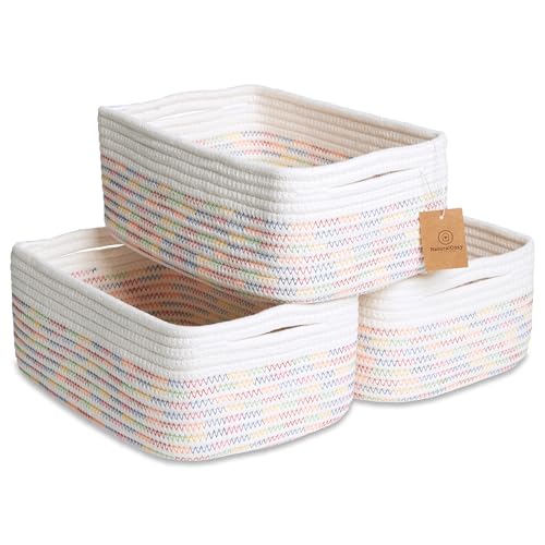 NaturalCozy 11.8"x8"x4.5” Rectangle Storage Baskets for Shelves 3 Pack | Cotton Rope Woven Small Baskets for Organizing | Small Storage Bins for Nursery, Bathroom, Closet, Shelf, Decorative, Gift - color: Off White & Rainbow Stitching, size: 11.8" x 8" x