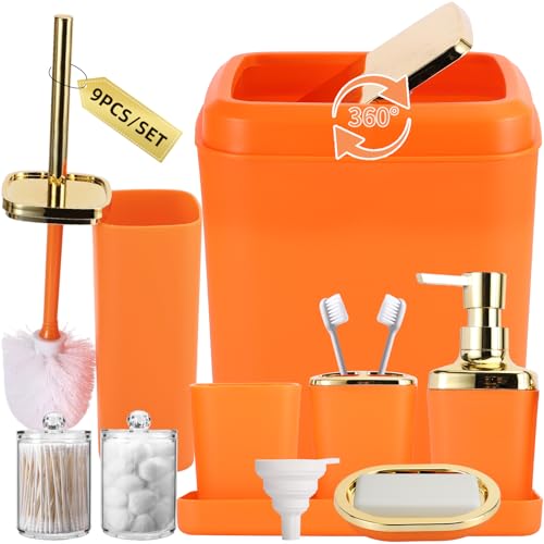 XLHOMO Bathroom Set, 9PC Bathroom Accessory Set, Orange Bathroom Accessories, Orange Bathroom Set, Trash Can, Soap Dispenser for Home Decor - color: Orange and Gold, size: Bathroom Set