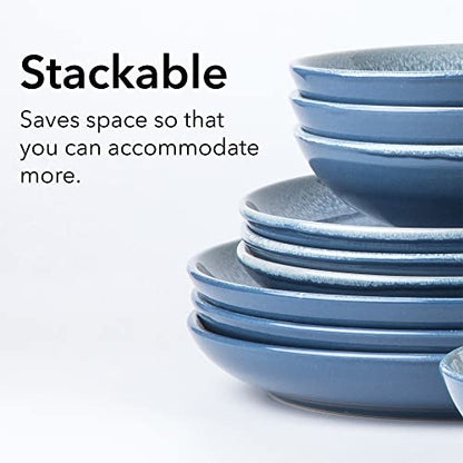Arora FAIT Round Stoneware 16pc Dinnerware Set for 4, Dinner Plates, Side Plates, Cereal Bowls, Mugs - Reactive Glaze Blue (463014) - color: Blue-Bowl/Mug, style: Round-Service for 4(16pcs)
