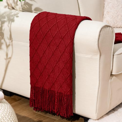 BATTILO HOME Red Throw Blanket Large Fringe Fall Throw Knitted Bed Throws for Couch Sofa Indoor Outdoor, Red, 52 x 80 in. - color: Red, size: 52 x 80 in.