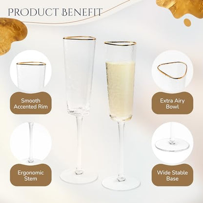Bec's Designs Champagne Flutes Set of 4, 6oz Handblown, Hammered Gold Rim | Triangular champagne glasses offer elegant stemware for mimosas, Prosecco & weddings; handblown hammered glass design.