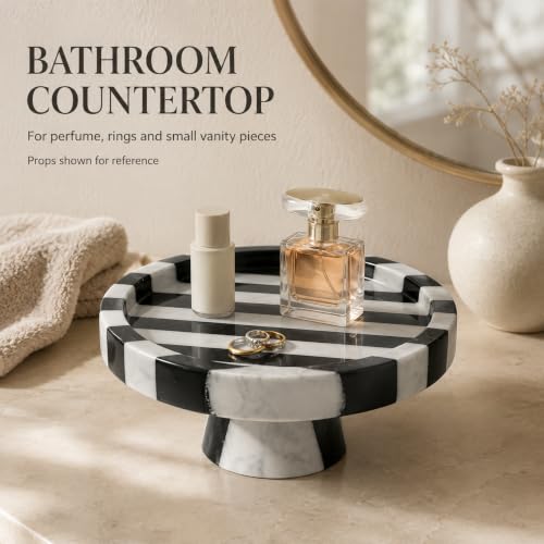 Black White Marble Vanity Tray, Round Stone Organizer | Round organic shape, black white marble pattern varies, for jewelry perfume, props not included - color: Black White Round