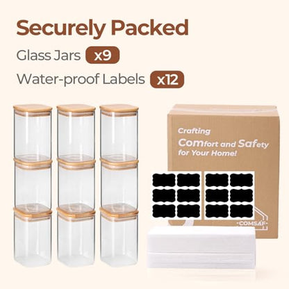 ComSaf Square Glass Containers With Lids 1.2 Qt, Set of 9 Pantry Galss Jars | Food Storage Jar, Kitchen Canisters, Storage Container, Bamboo Lid with Silicone Seal, Cookie, Flour, Spice, Coffee, BPA Free - size: 1.2Qt*9