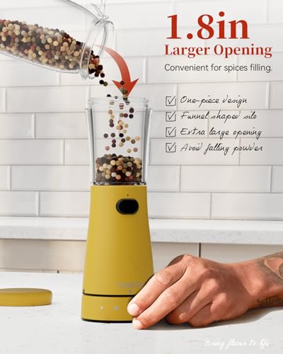 Electric Salt and Pepper Grinder Set with Storage Base, Stainless Steel Rechargeable Salt and Pepper Grinder Set with 4.5 oz Large Capacity, 1.8" Wide Mouth, Adjustable Coarseness, Ideal for Kitchen - color: Yellow