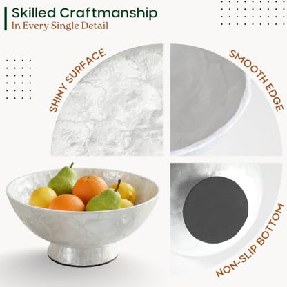 11” White Capiz Shell Decorative Bowl, Large Footed Centerpiece Bowl for Kitchen Island Decor, Modern Farmhouse Fruit Bowl for Entryway & Home Décor Accents