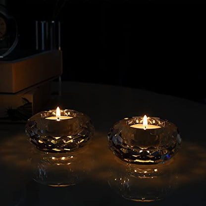Kitcom Crystal Tealight Candle Holders Pack of 2, Hand-Cut Candle Holder Home Decor for Wedding Banquet Dinner 3.2" Diameter x 1.6" High, Clear - size: W3.2''×H1.6''