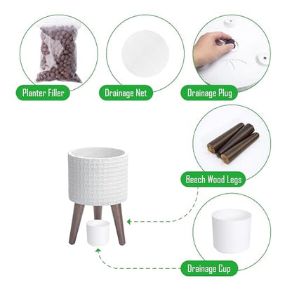D'vine Dev Planter Pot with Wood Stand, 8 in, Matte White, 88-Z-A-1 | Mid-Century Modern Style, Elevated Plant Display, Drainage Hole and Plug, Functional & Stylish, Modern Indoor Planter - color: Matte White, size: Small