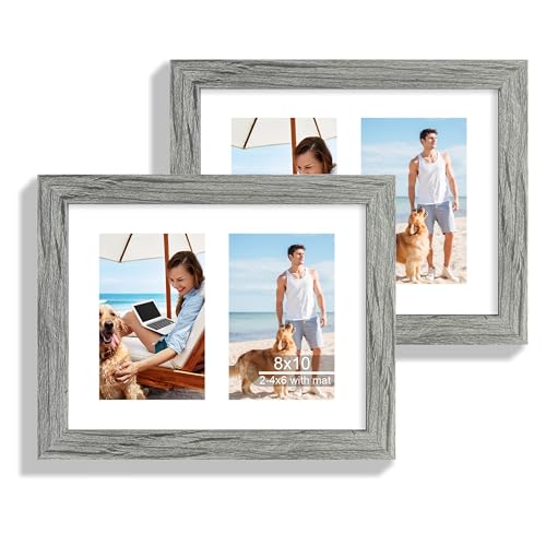 Hongkee 8x10 Picture Frame Set of 2, Grey Wood Frame with Glass Collage Frame, Display Pictures Two 4x6 With Mat or 8 x 10 Without Mat - Horizontal or Vertical Wall Mounting - color: Grey, size: 8x10 in matted to 2-4x6
