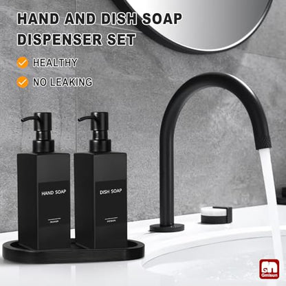 GMISUN Kitchen Soap Dispenser Set, Hand and Dish Soap Dispensers Set, Black Liquid Soap Dispenser with Tray, Refillable Dish Dispensers for Kitchen, Glass Soap Bottles with Stainless Steel Pump - color: Black Bottle + Black Pump + Black Tray