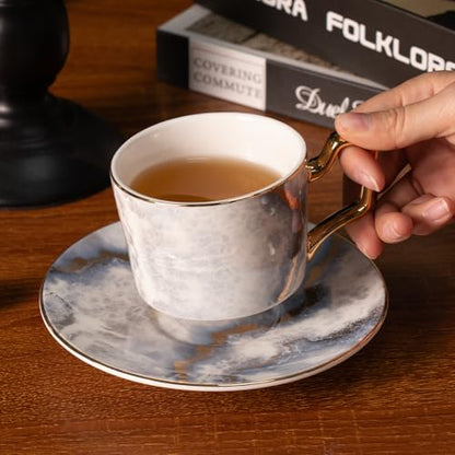 KAMMAK Tea Cups and Saucers Set of 2, Porcelain Coffee Cups, NX023 | Gold Rim, Stackable Espresso Mugs, Ceramic Demitasse for Coffee, Latte, Americano, Afternoon Tea, Elegant Gift for Women - size: 8CZNX023
