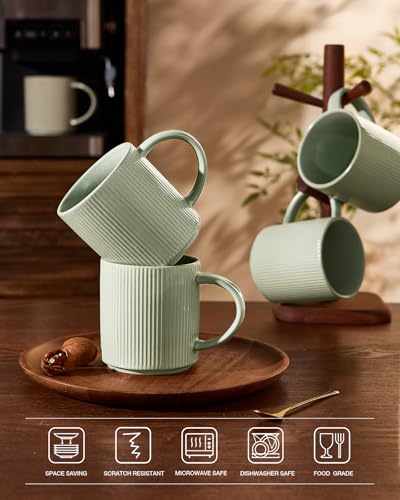 famiware Coffee Mug Set of 4, Star 16 oz Large Mugs Cup Set with Handle | Ceramic Mug for Coffee, Latte, Tea, Stackable Drinkware Set, Microwave & Dishwasher Safe, Matte Green - color: Matte Green, size: 4 Count (Pack of 1)