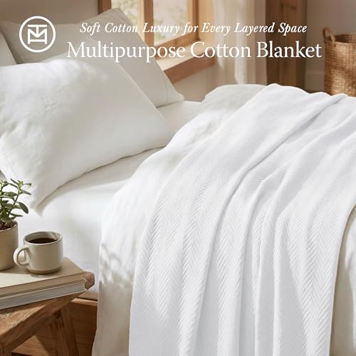 Threadmill Cotton King Blanket, Herringbone, White, All-Season Breathable | 100% Cotton, Herringbone Pattern, 106x92 in, Breathable, All-Season, OEKO-TEX Certified, Machine Washable - color: Bright White, size: King (106" x 92")