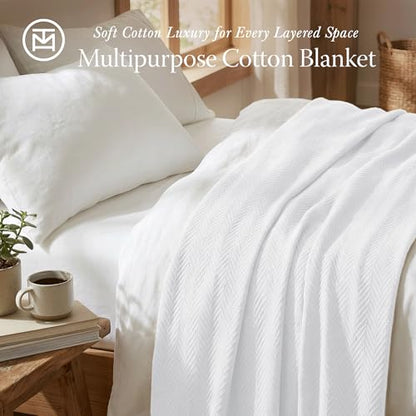 Threadmill Cotton King Blanket, Herringbone, White, All-Season Breathable | 100% Cotton, Herringbone Pattern, 106x92 in, Breathable, All-Season, OEKO-TEX Certified, Machine Washable - color: Bright White, size: King (106" x 92")