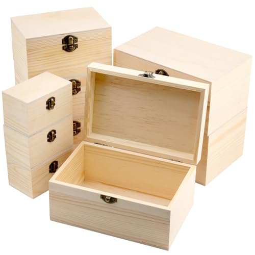 FUNSUEI 9 PCS 8x5x4 6x4x3 4x2.3x2.3 Inch Unfinished Wooden Box, Small Wood Box with Hinged Lid, Natural Wooden Jewelry Boxes for Crafts, DIY, Storage Treasure, Gift - color: Wood Color, size: 9PCS 8x5x4 6x4x3 4x2.3x2.3 In