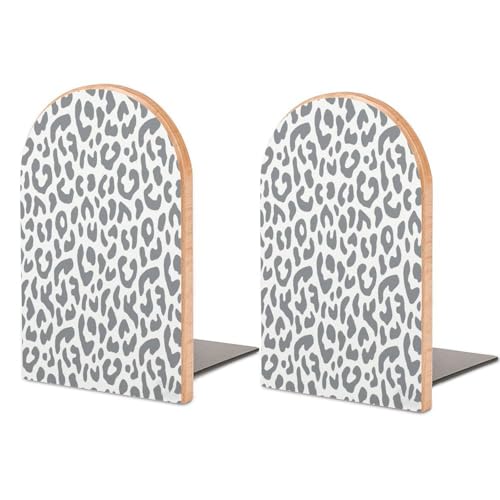 Personalized Wood Book Ends Metal Base Gray Leopard Print Pattern Printing Bookend Modern Heavy Duty Bookends for Home Or Office 1 Pair - color: Gray Leopard Print Pattern