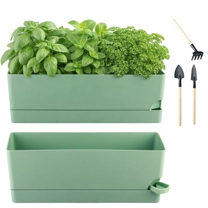 2 Pack Self Watering Pots for Indoor Plants 17 Inches Window Boxes Planters Rectangular Flower Pots Rectangle Herb Pots Large Plant Pots with Drainage Holes and Saucers Windowsill Planter, Green - color: Green