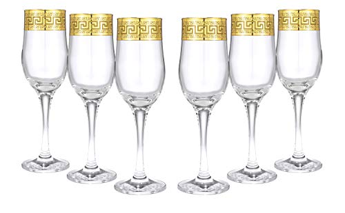 WORLD GIFTS Gold Rimmed Champagne Flutes 6-pieces Glass Set Greek Key Pattern Contemporary Drinkware - color: Champagne