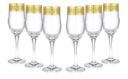 WORLD GIFTS Gold Rimmed Champagne Flutes 6-pieces Glass Set Greek Key Pattern Contemporary Drinkware - color: Champagne