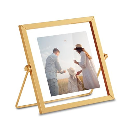 4x4 Floating Picture Frame, Gold Small Photo Frame, Metal Pressed Flowers Desk Picture Frame with Glass, Great for Photos, Gift, Pictures, Wedding, Portraits - color: 4"x4" Gold