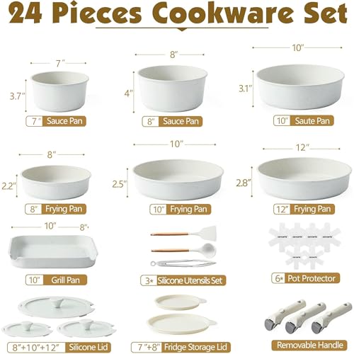 SENSARTE 24 Piece Nonstick Detachable Handle Pots and Pans Set White | Removable Handle Cookware Set, Induction Cookware Set with Removable Handle, Healthy Non Stick for RV, Dishwasher ＆ Oven Safe - color: White, size: 24 Piece