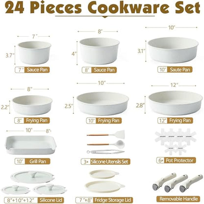 SENSARTE 24 Piece Nonstick Detachable Handle Pots and Pans Set White | Removable Handle Cookware Set, Induction Cookware Set with Removable Handle, Healthy Non Stick for RV, Dishwasher ＆ Oven Safe - color: White, size: 24 Piece