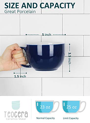 Teocera Porcelain Coffee Mugs, Soup Mugs Bowls with Handle, 24 oz Latte Mugs Set of 4 - Striped Design, Navy - color: Navy