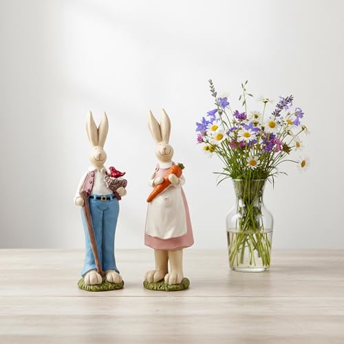 Easter Bunny Figurines Set of 2, Resin Rabbit Decor, 9.06 Inch | Resin Easter bunny decor with bird nest and carrot details for tables, shelves and spring gifts; a charming 2-piece set