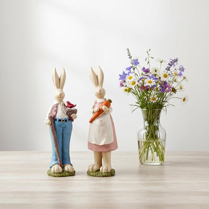 Easter Bunny Figurines Set of 2, Resin Rabbit Decor, 9.06 Inch | Resin Easter bunny decor with bird nest and carrot details for tables, shelves and spring gifts; a charming 2-piece set