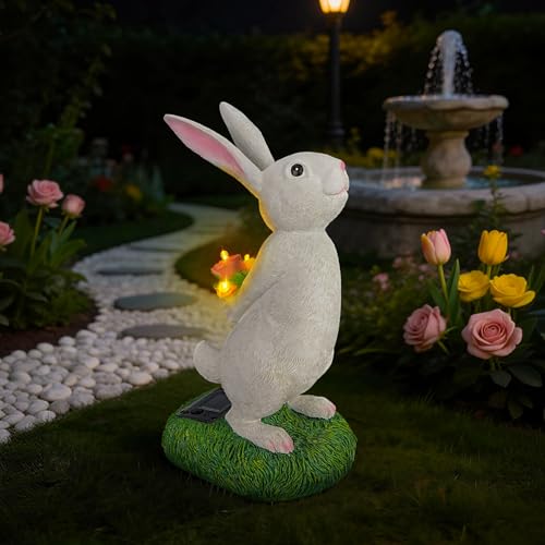 Cute Solar Bunny Garden Statue with Warm LED Flower Lights, Handcrafted Outdoor Rabbit Decor for Patio, Balcony, Yard, Lawn, Ideal Easter, Birthday & Holiday Gifts for Women, Mom - color: White